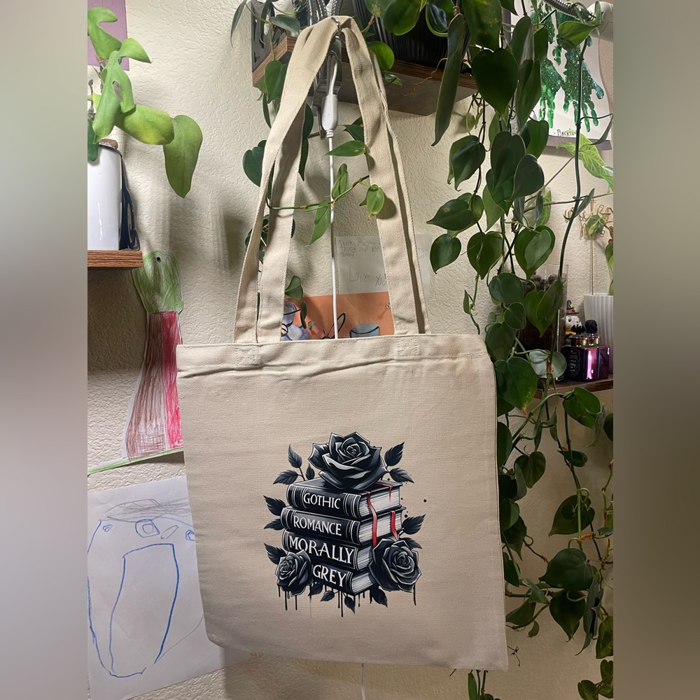 Morally gray canvas book bag tote